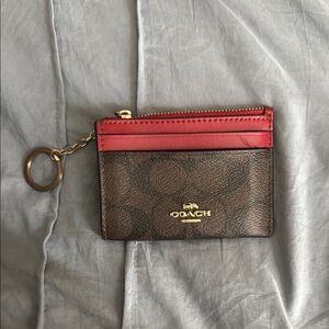 Coach Red and Brown Key Card Holder with Signature Design
